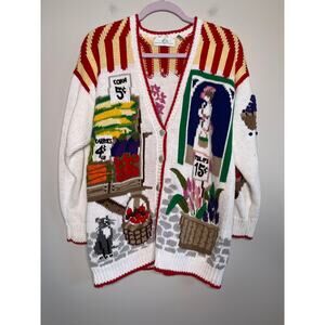 1990s Design Options Farmers Market Produce Art To Wear Fruits Scenic Cardigan L